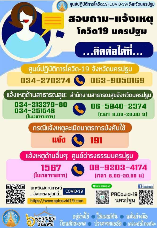 ติดต่อสอบถาม - แจ้งเหตุ  ศูนย์ปฏิบัติการโควิด-19 นครปฐม